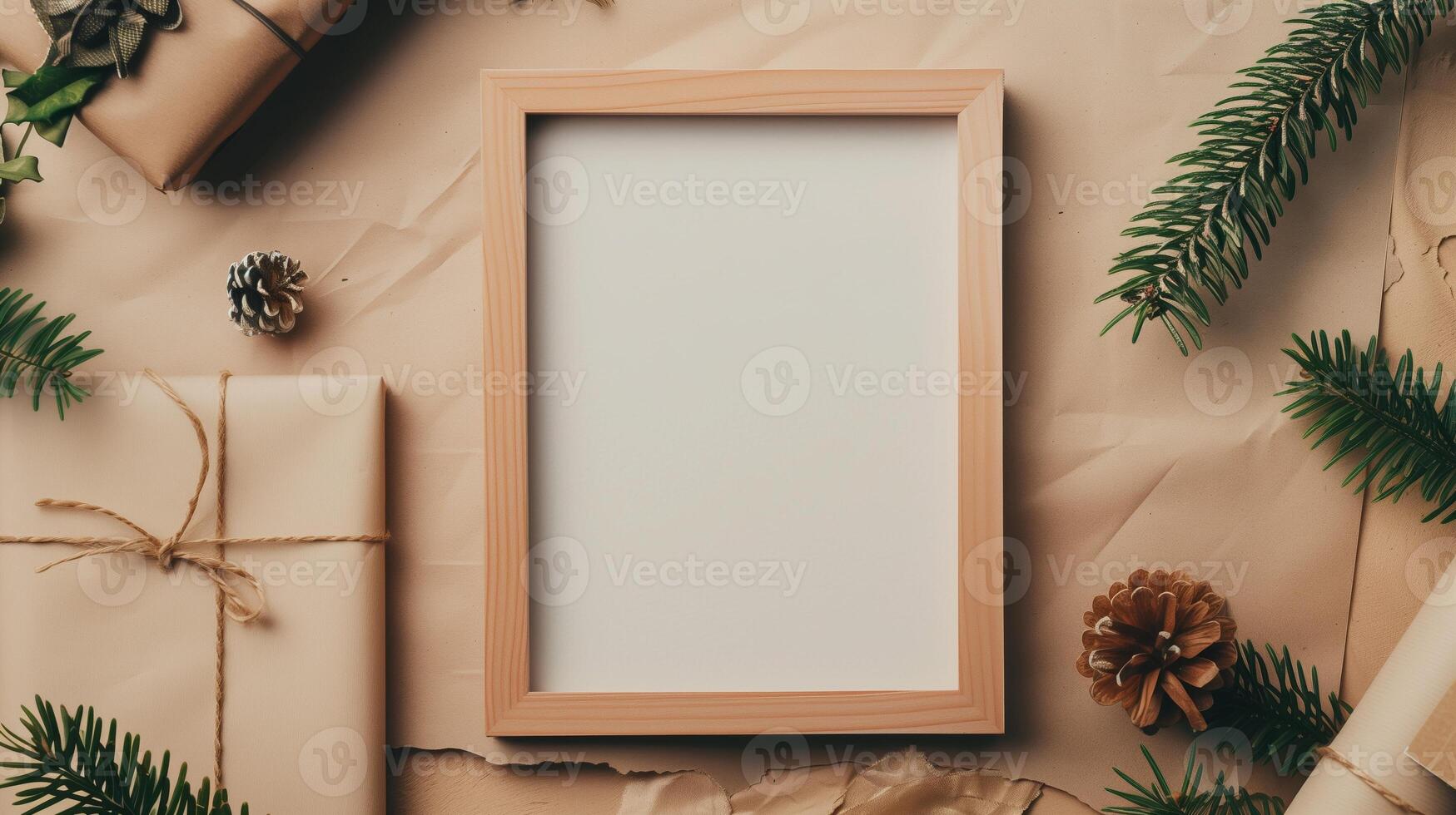 An empty frame mock up on a table next to the gift box. photo
