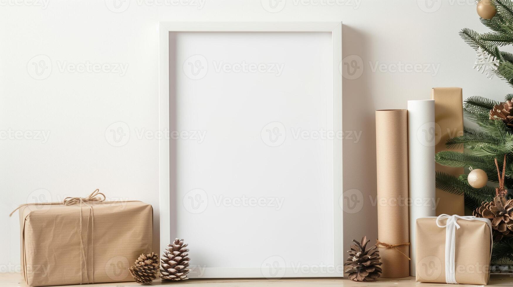An empty frame mock up on a table next to the gift box. photo