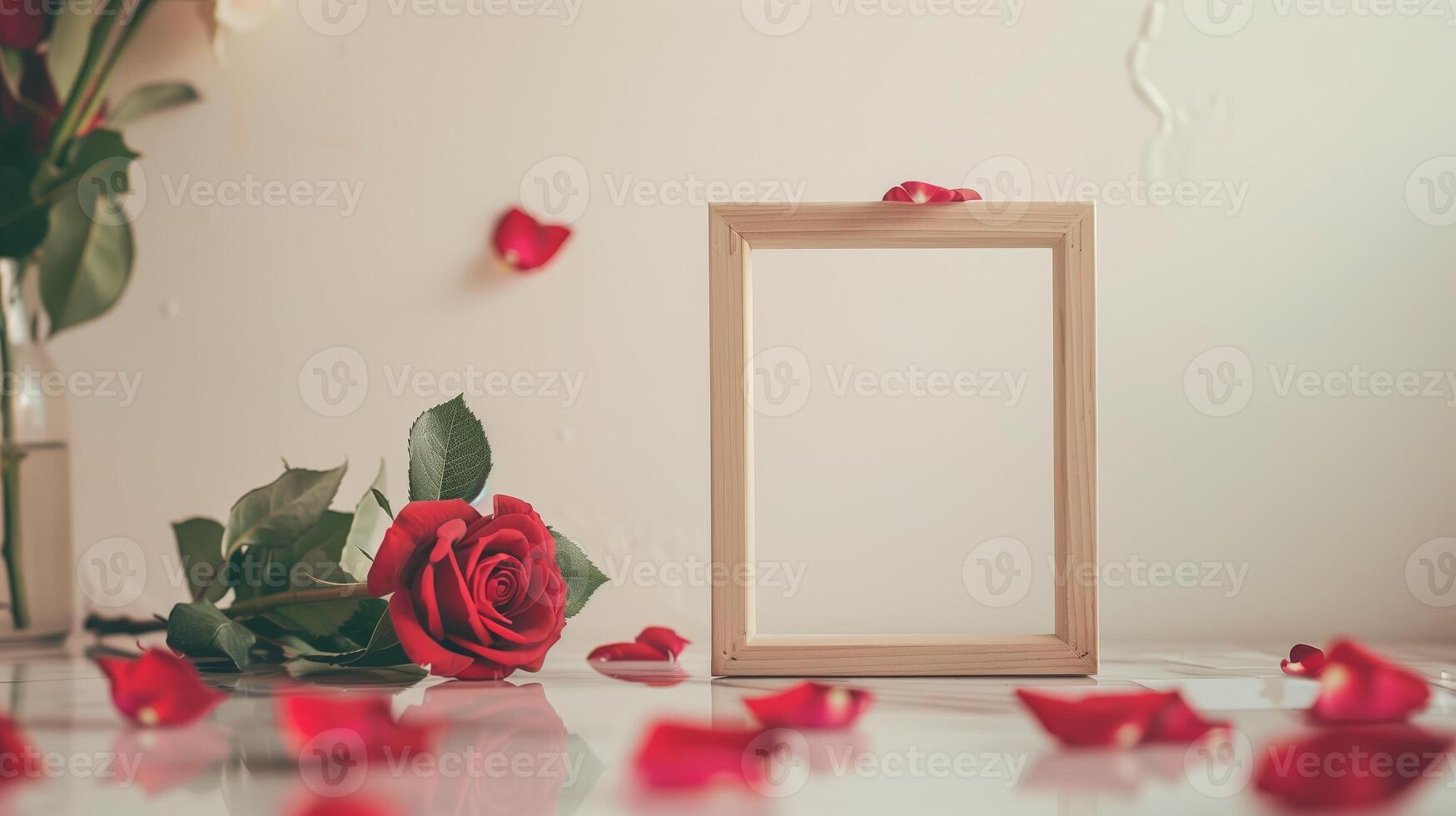 A wooden frame on the table decorated for St. Valentine's Day with many red rose are in the base. photo