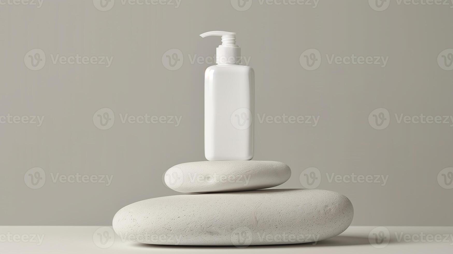 A bottle of skincare product on the top of large stones stacked together. photo