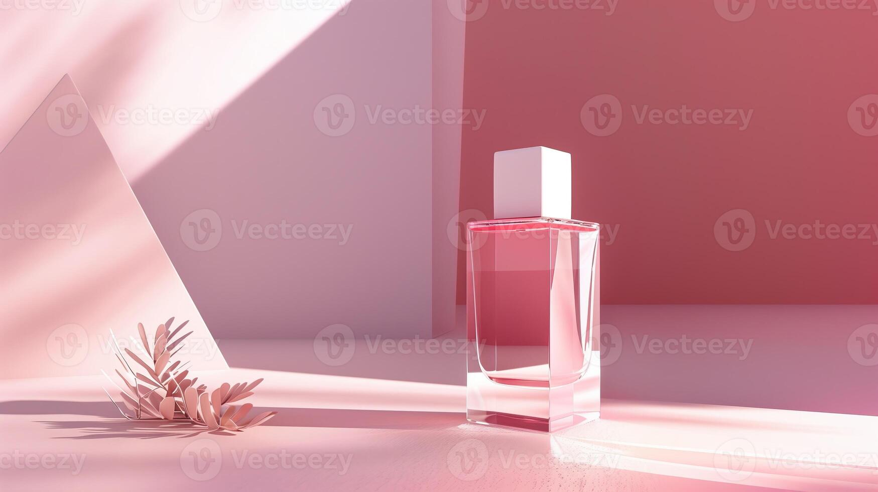 A bottle of pink perfume with a white cap stands on the ground, with a pink background. photo
