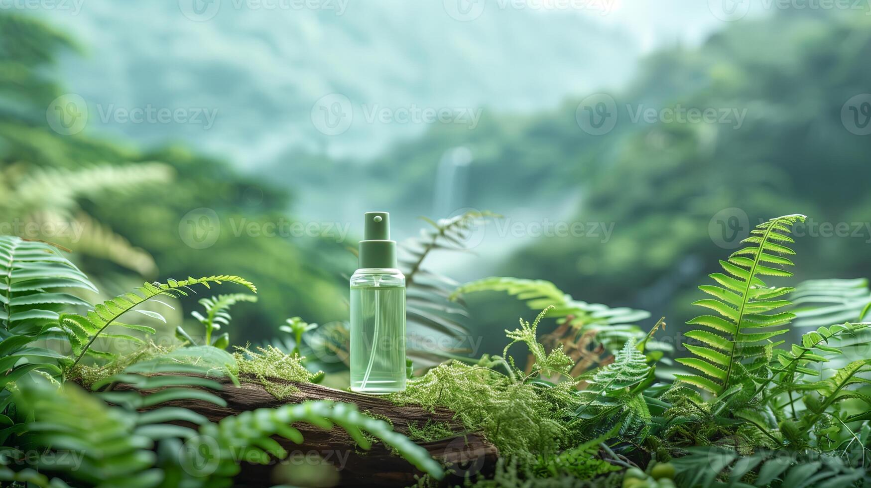 A bottle of green beauty product is placed on a horizontal piece of dry wood in the middle. photo