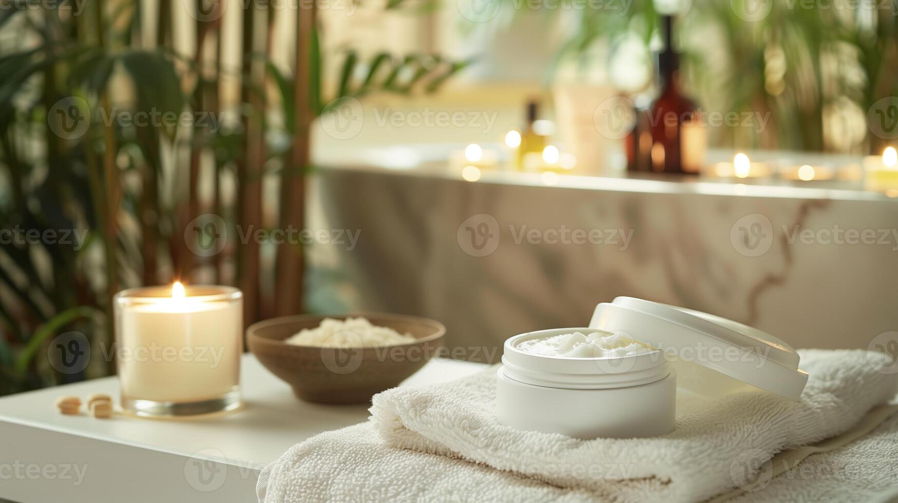 A moisturizer tub is placed on a plush white towel next to a bowl of aromatic essential oils and a few lit candles. photo
