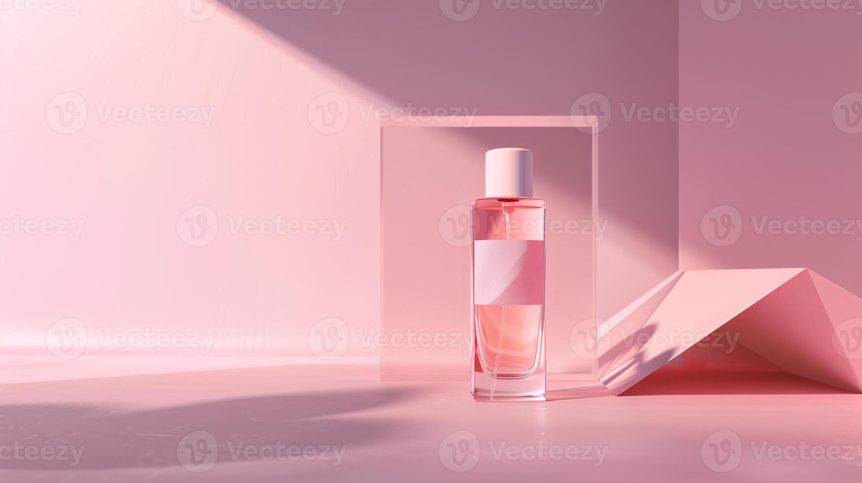 A bottle of pink perfume with a white cap stands on the ground, with a pink background. photo