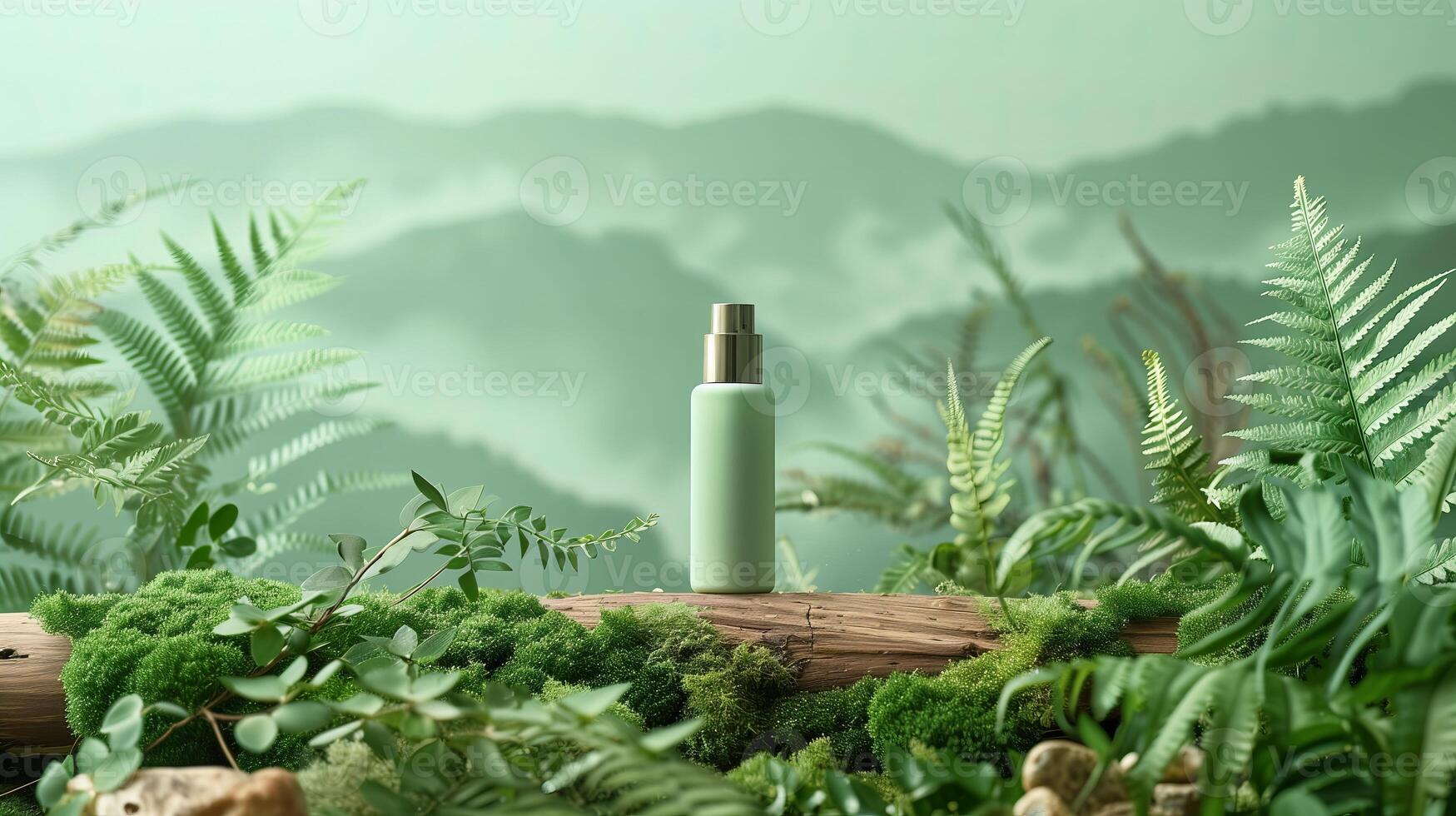 A bottle of green beauty product is placed on a horizontal piece of dry wood in the middle. photo