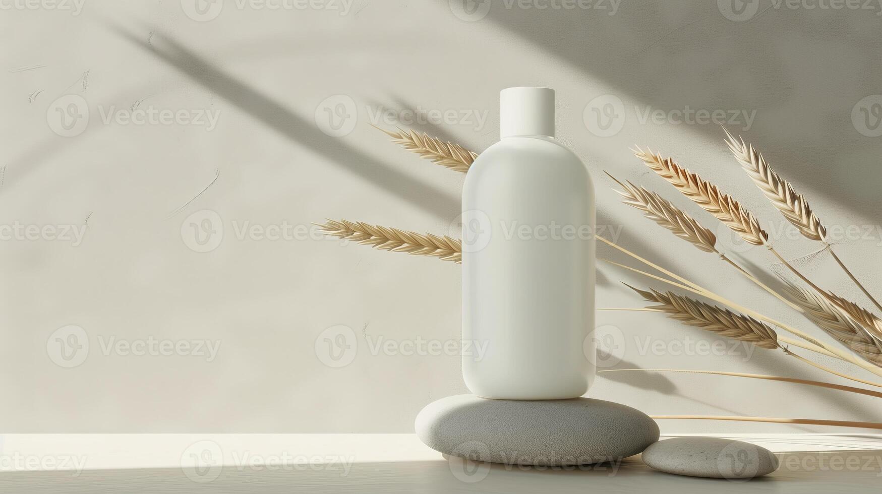 A bottle of skincare product on the top of large stones stacked together. photo