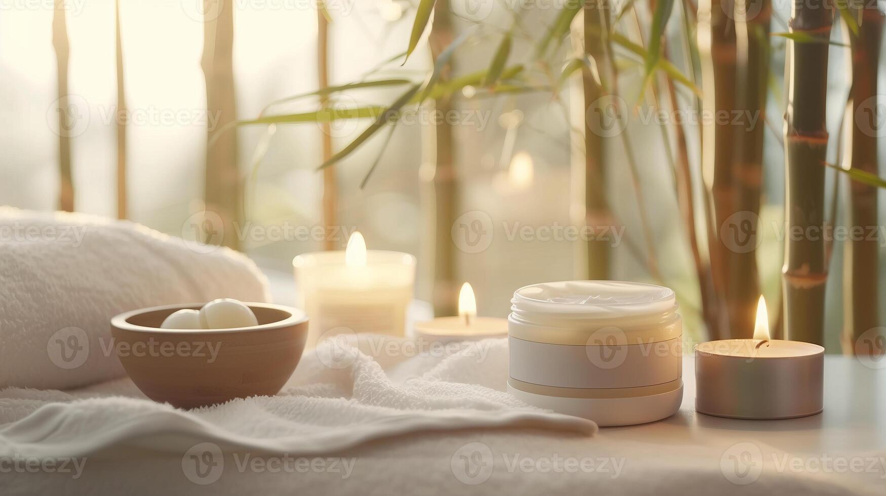 A moisturizer tub is placed on a plush white towel next to a bowl of aromatic essential oils and a few lit candles. photo