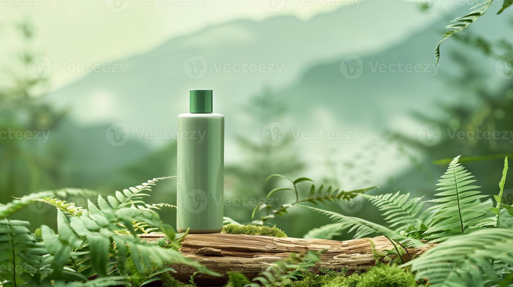 A bottle of green beauty product is placed on a horizontal piece of dry wood in the middle. photo