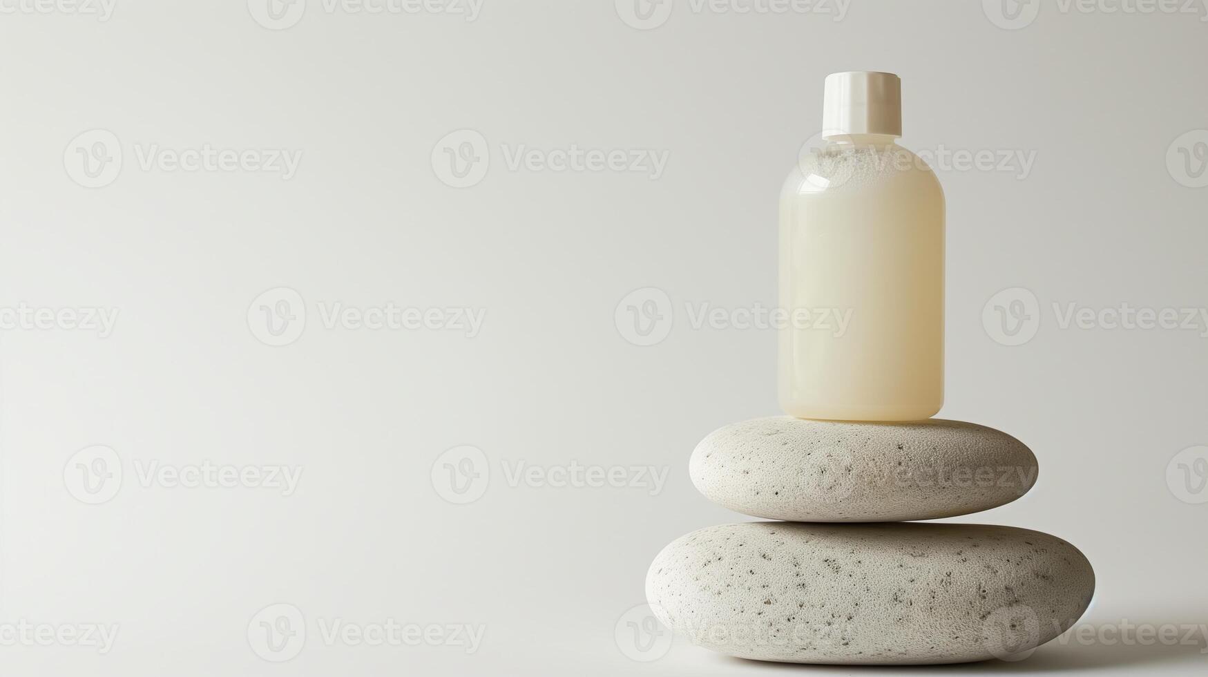 A bottle of skincare product on the top of large stones stacked together. photo