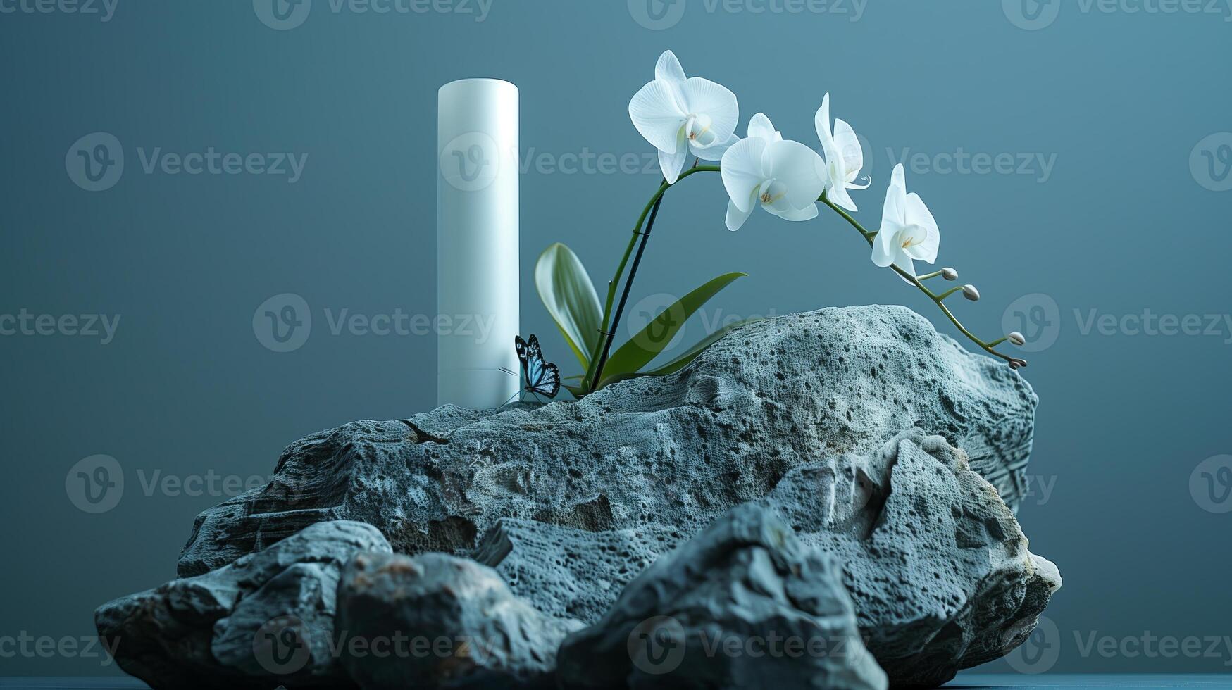 A white skincare product placed on a huge rock with a white orchid and a butterfly. photo