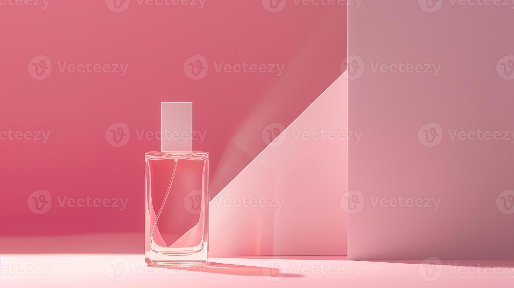 A bottle of pink perfume with a white cap stands on the ground, with a pink background. photo