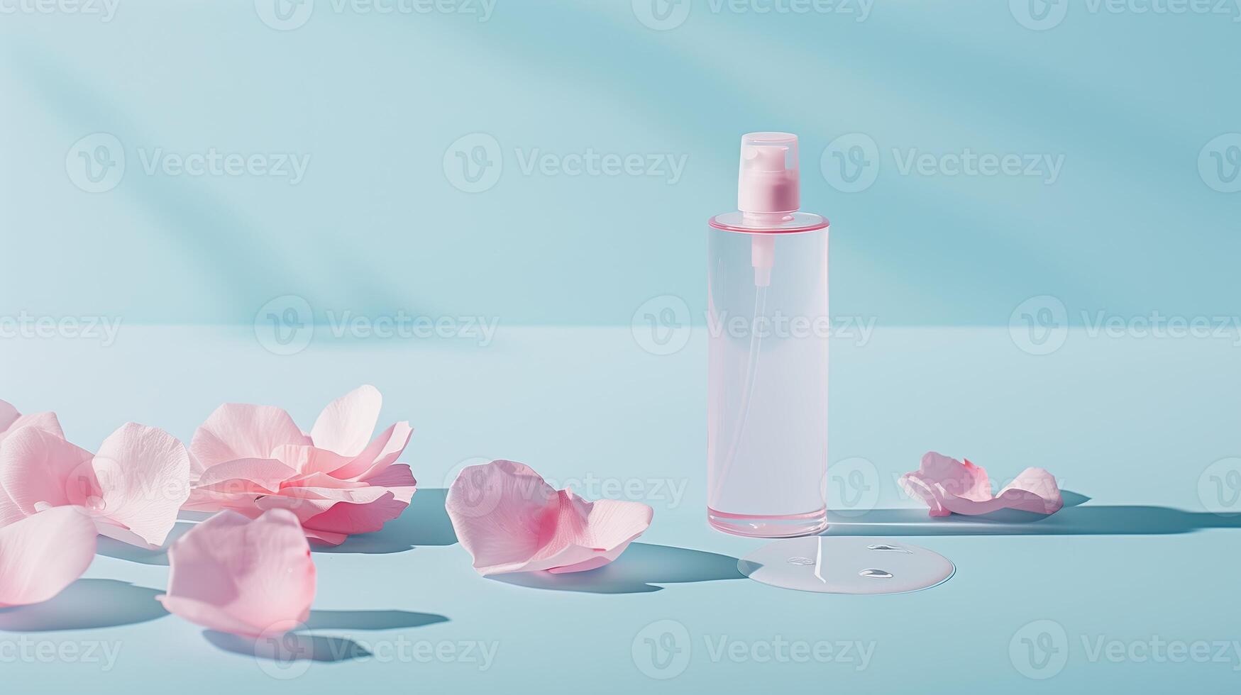 A bottle of toner with petals on each side on a pastel blue background with light pink accents. photo