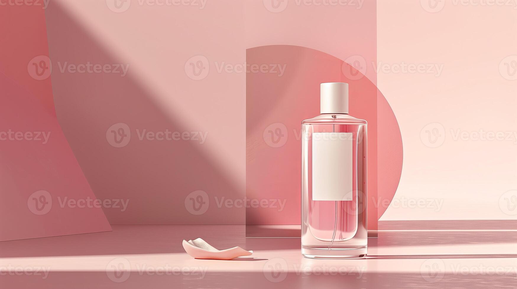 A bottle of pink perfume with a white cap stands on the ground, with a pink background. photo