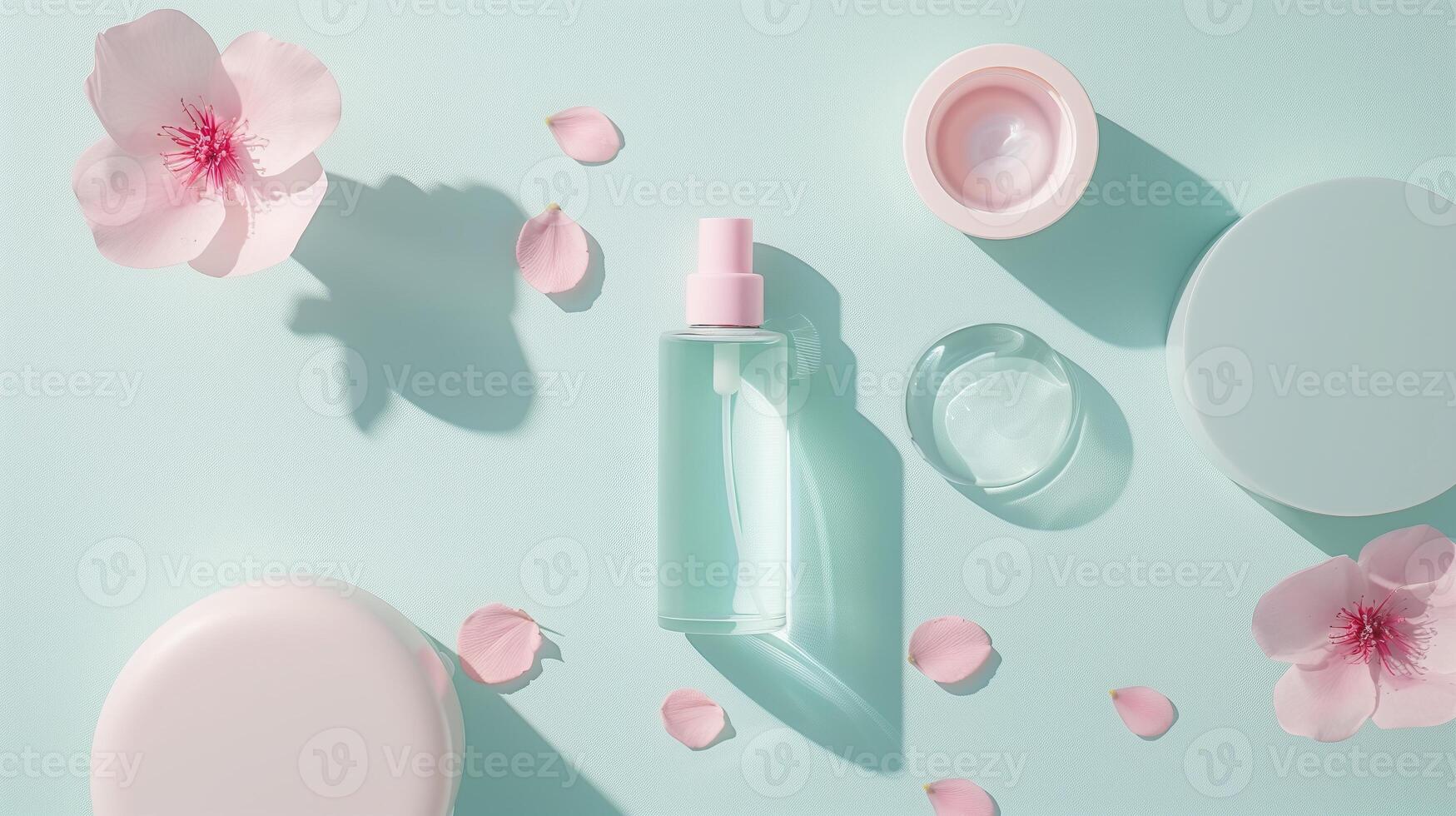 A bottle of toner with petals on each side on a pastel blue background with light pink accents. photo