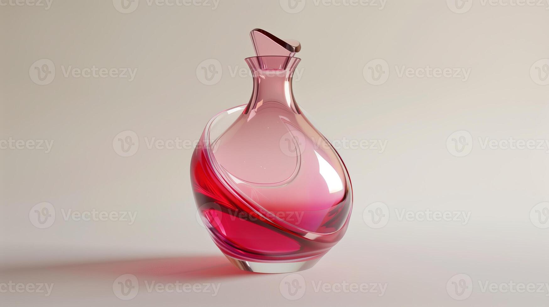 A pink perfume bottle made of red glass with flowing and undulating lines. photo