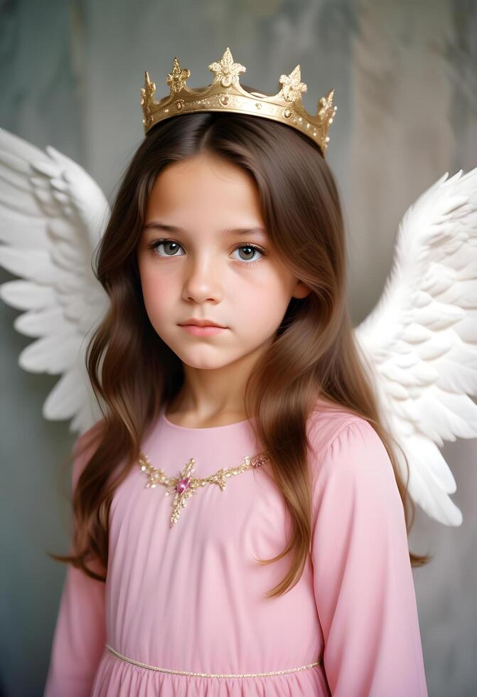 A beautiful young girl wearing a pink dress with angel wings in forest background photo