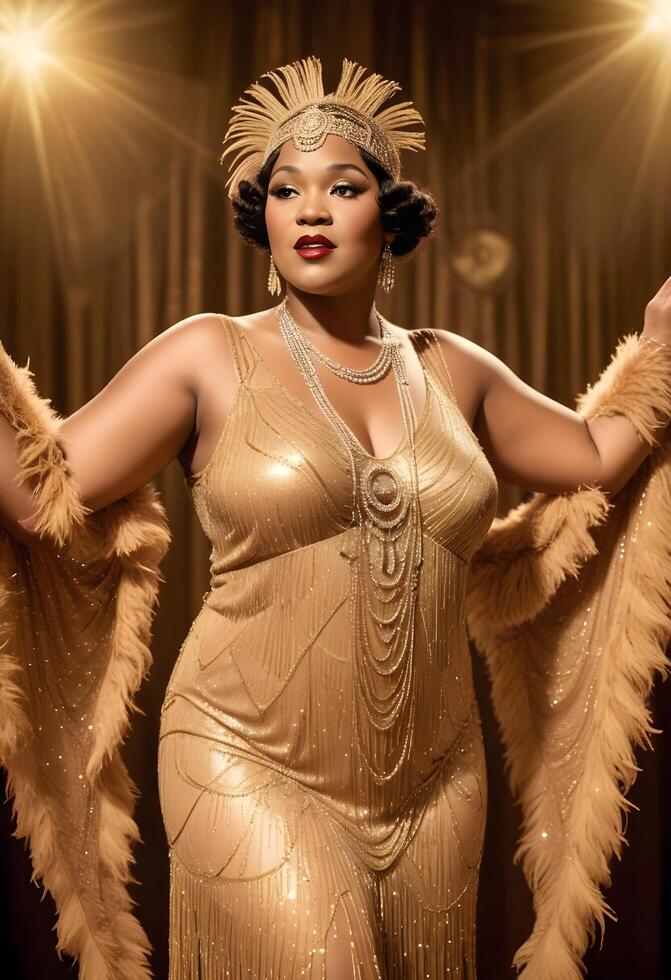 Portrait of beautiful african american plus size woman in a luxurious dress photo