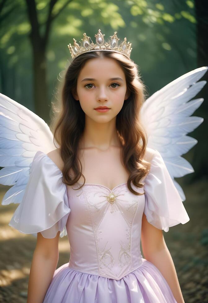 A beautiful young girl wearing a pink dress with angel wings in forest background photo