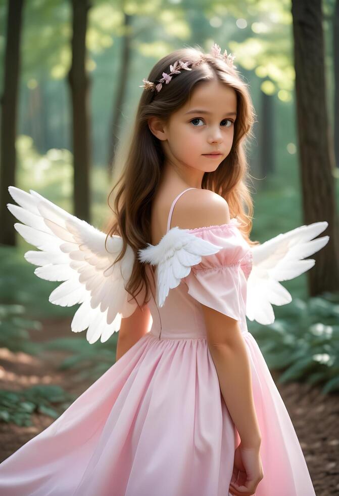 A beautiful young girl wearing a pink dress with angel wings in forest background photo