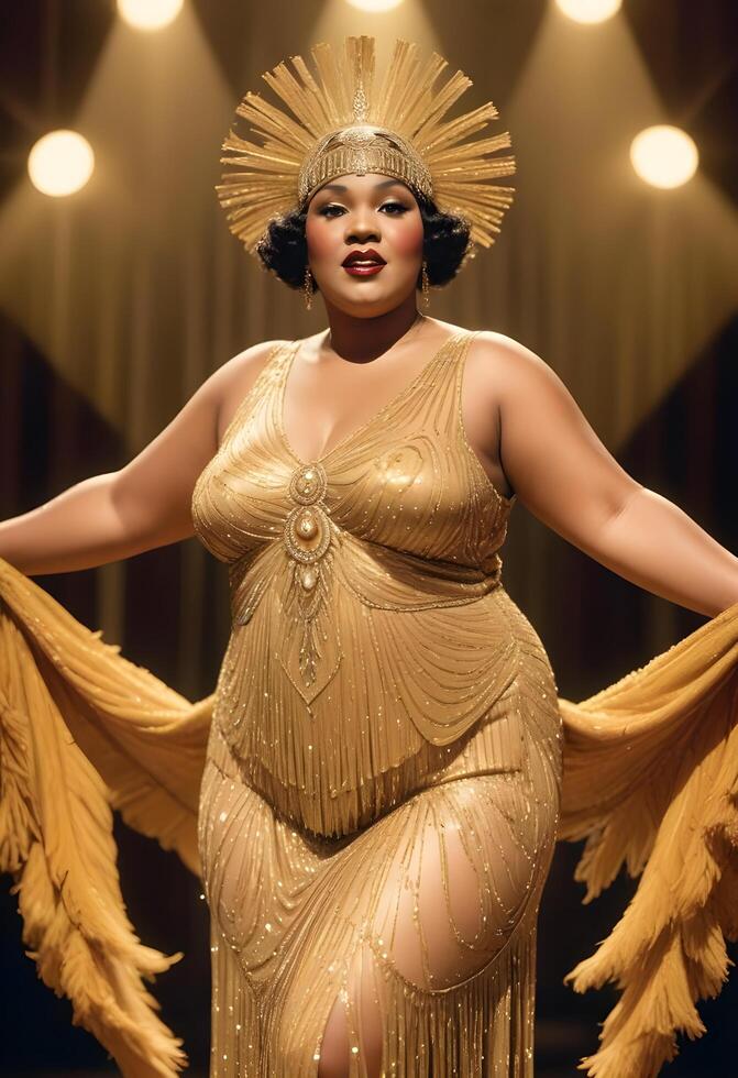 Portrait of beautiful african american plus size woman in a luxurious dress photo