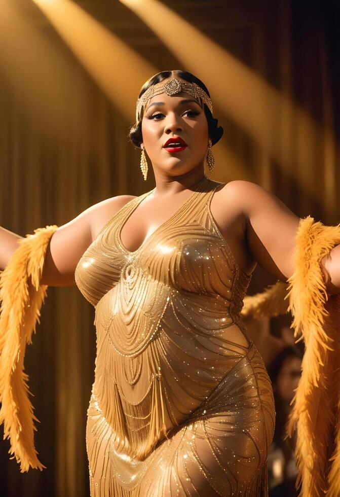 Portrait of beautiful african american plus size woman in a luxurious dress photo