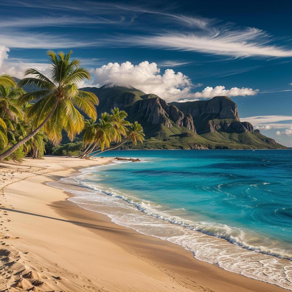 Beautiful tropical empty beach sea ocean with on blue sky background photo