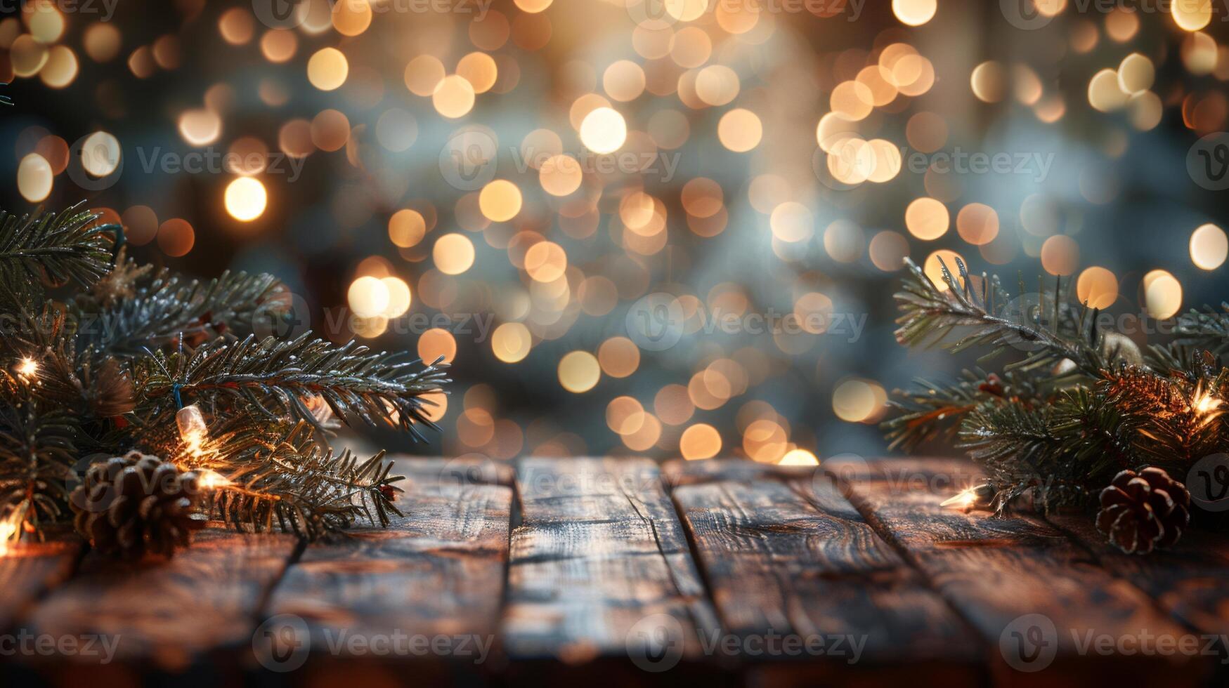 christmas winter blurred background with wooden table and garland lights with golden bokeh. photo