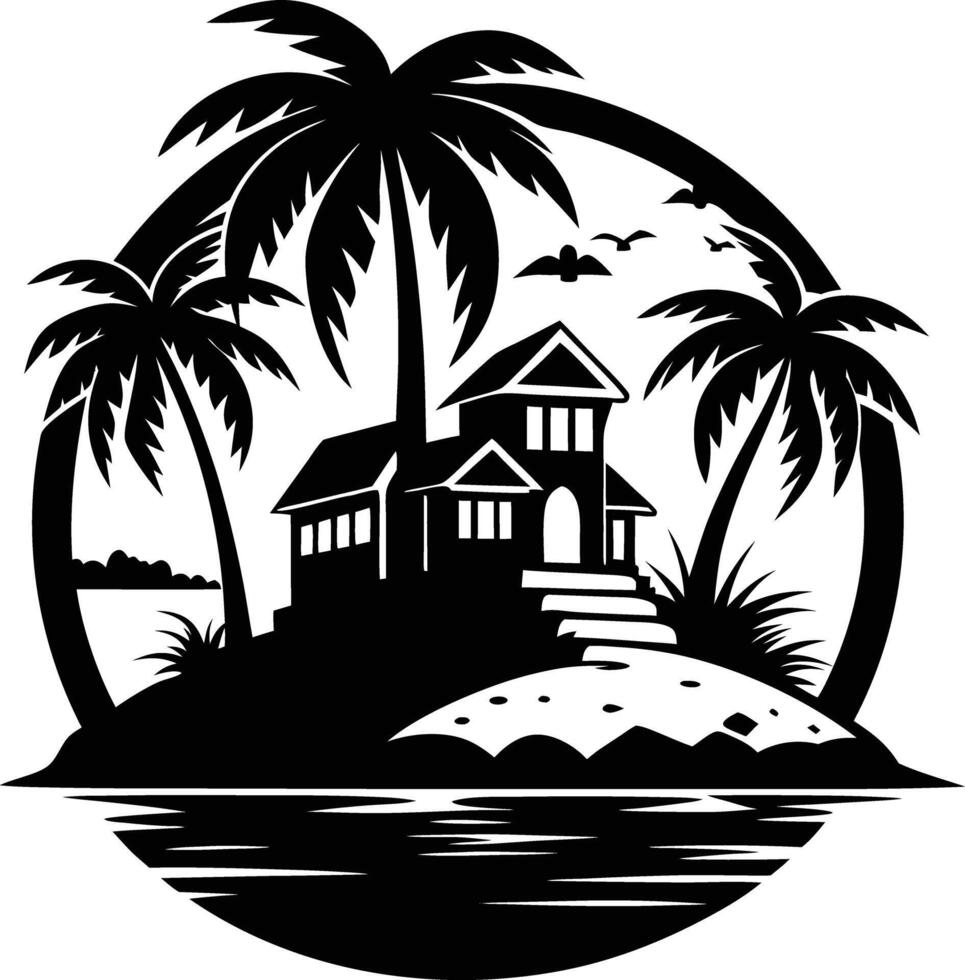 Tropical island and beach house silhouette black and white vector