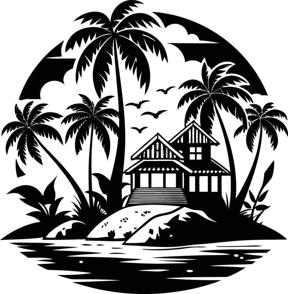 Tropical island and beach house silhouette black and white vector