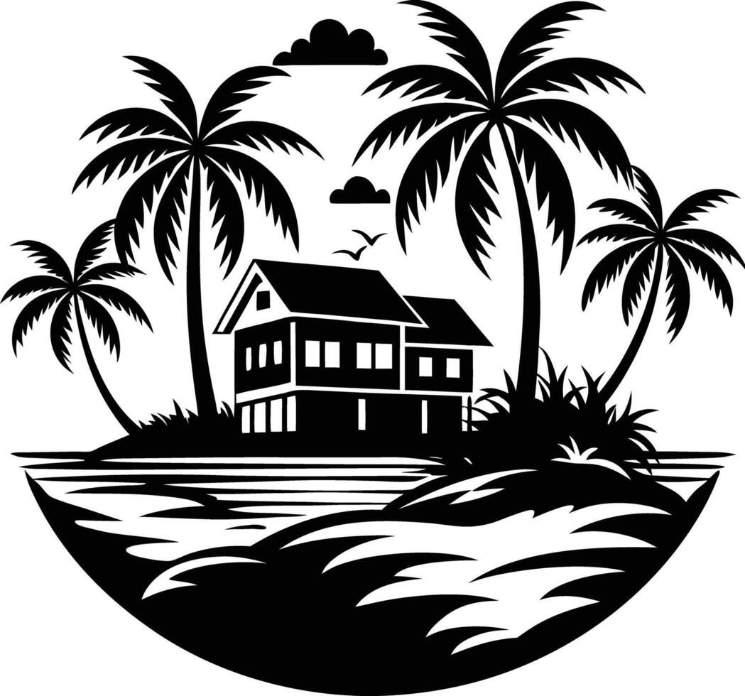 Tropical island and beach house silhouette black and white vector