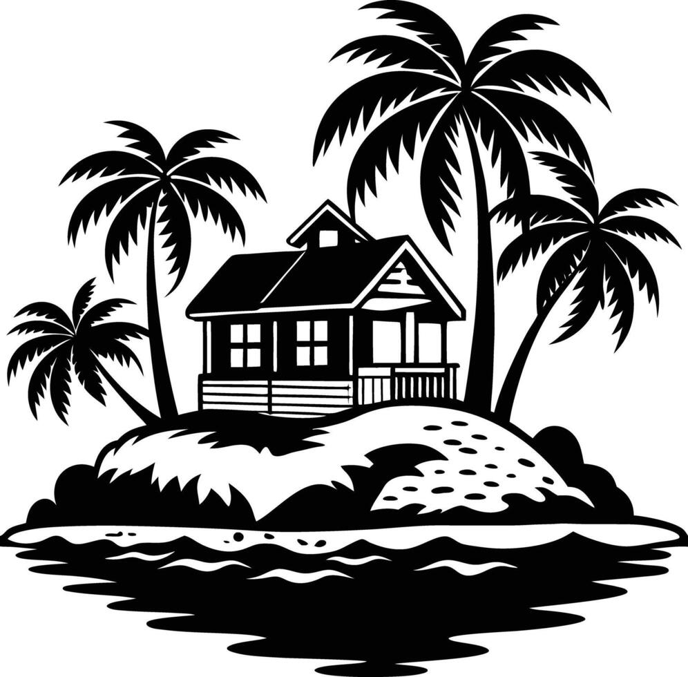 Tropical island and beach house silhouette black and white vector
