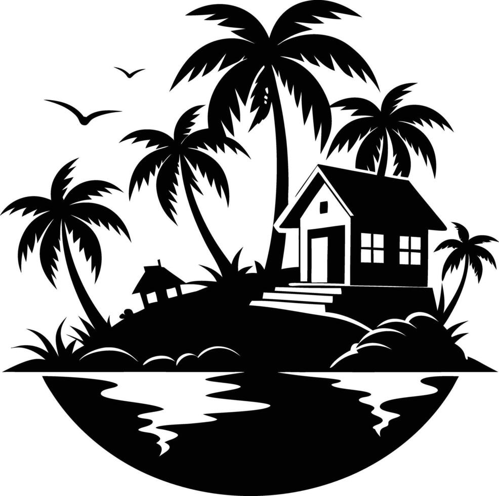 Tropical island and beach house silhouette black and white vector
