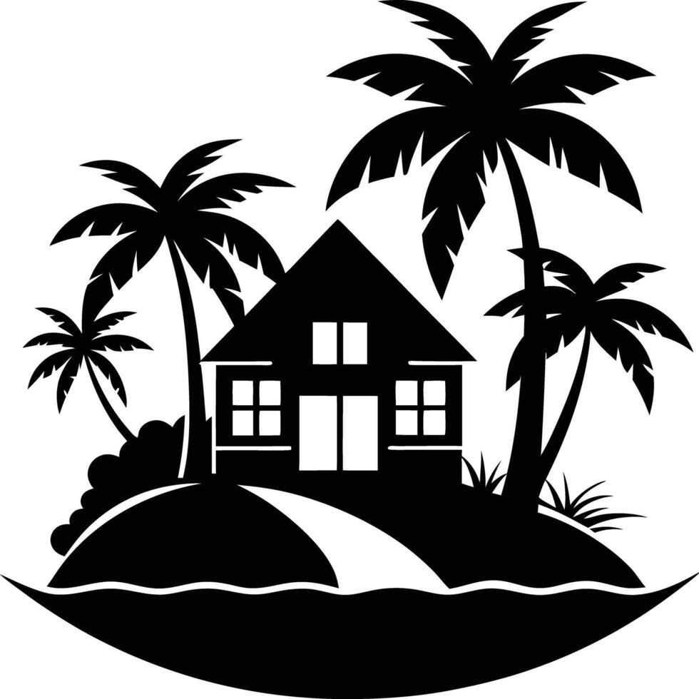 Tropical island and beach house silhouette black and white vector