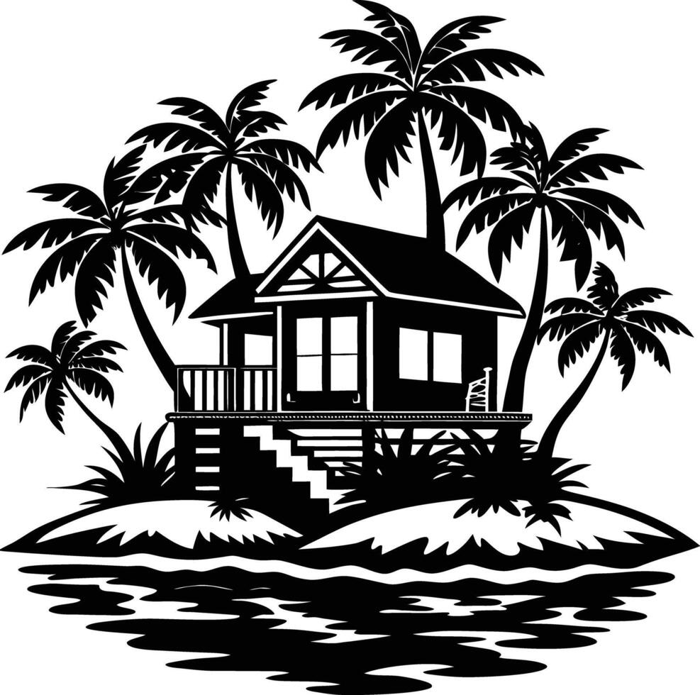 Tropical island and beach house silhouette black and white vector