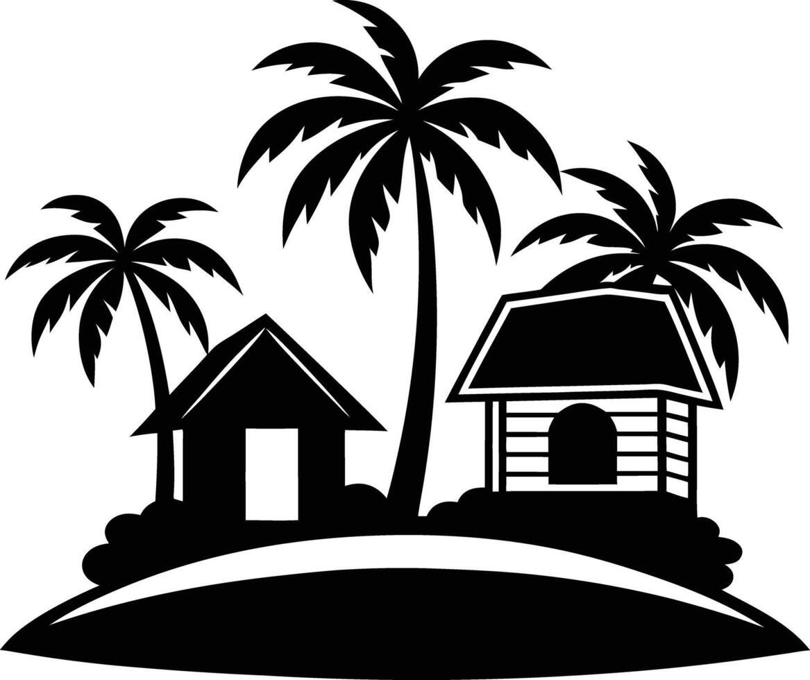 Tropical island and beach house silhouette black and white vector