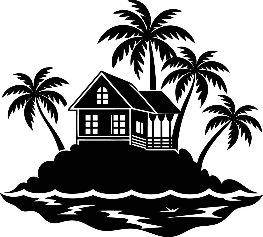 Tropical island and beach house silhouette black and white vector