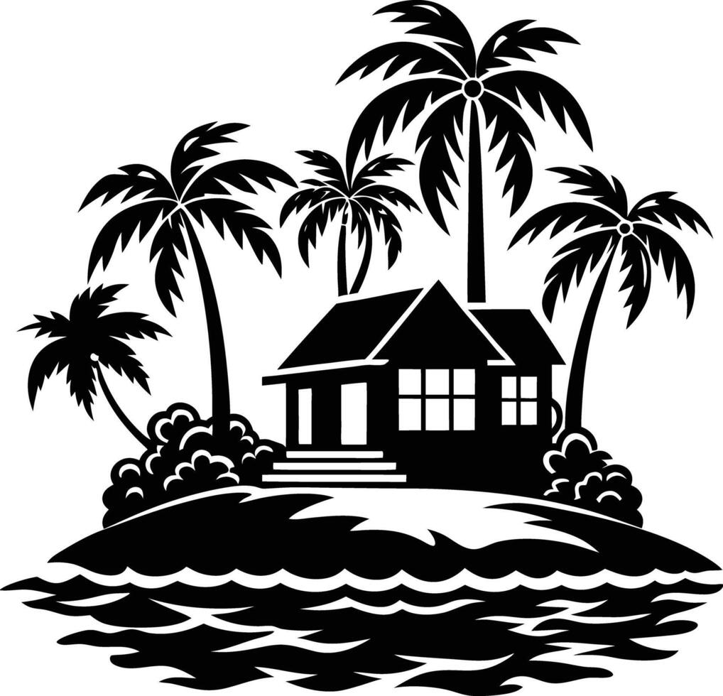 Tropical island and beach house silhouette black and white vector