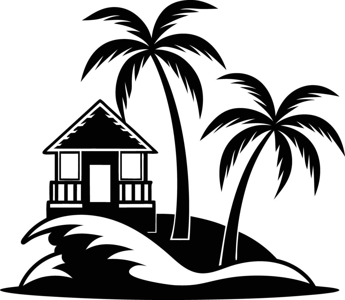 Tropical island and beach house silhouette black and white vector