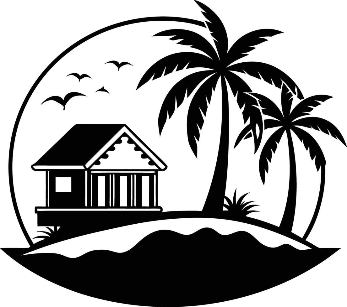 Tropical island and beach house silhouette black and white vector