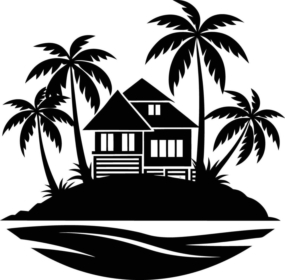 Tropical island and beach house silhouette black and white vector