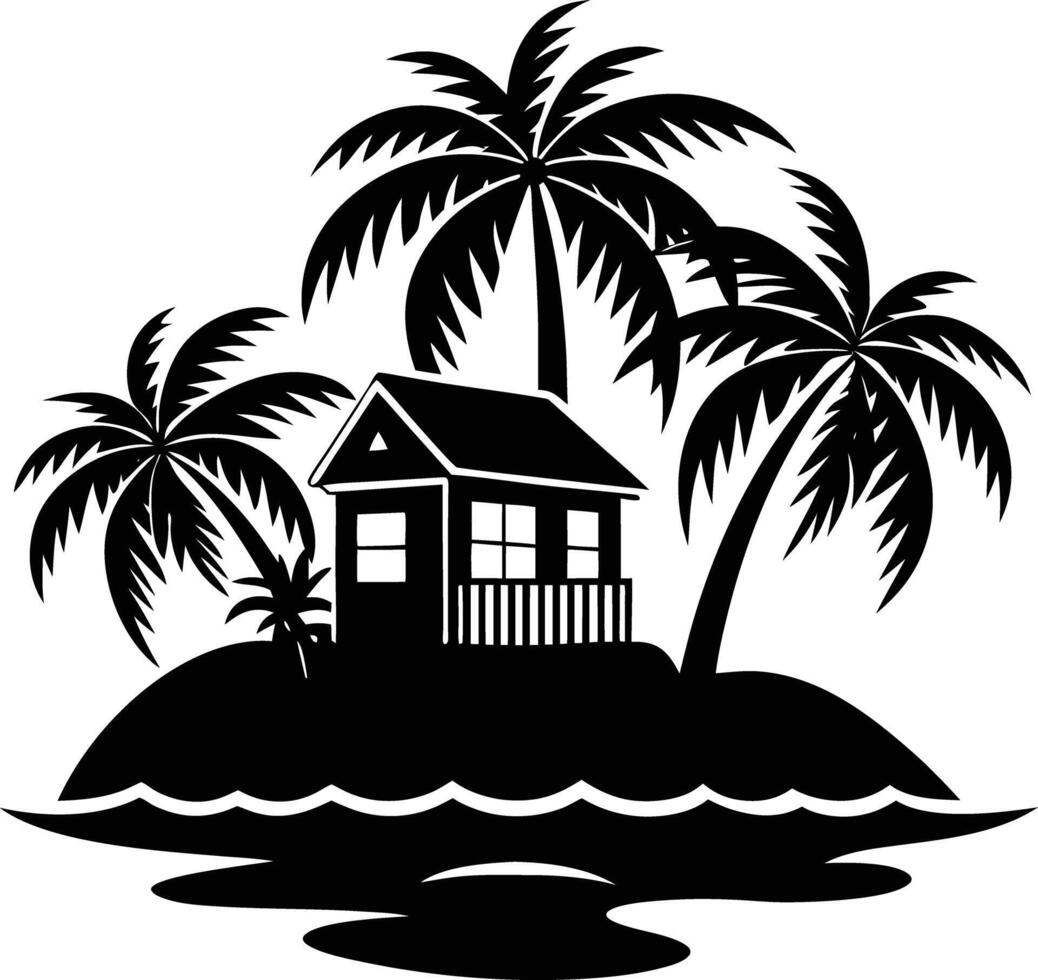 Tropical island and beach house silhouette black and white vector