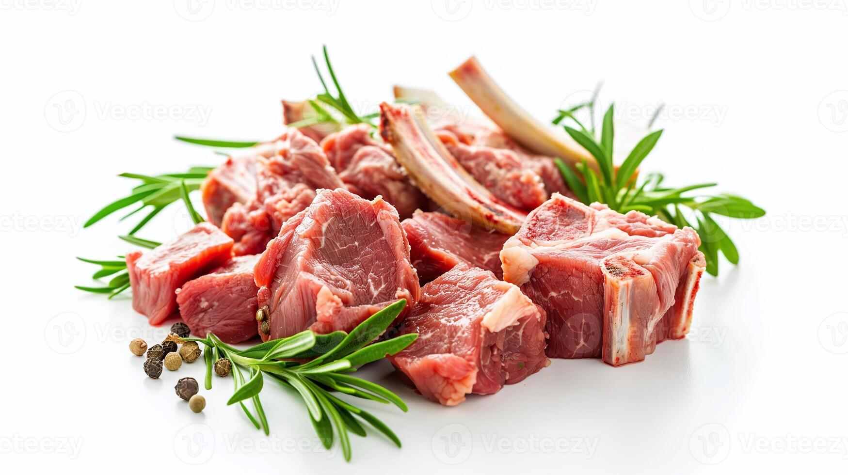 Raw lamb chops on a white background, garnished with rosemary and peppercorns, perfect for recipes, menus, or food blogs seeking high-quality, appetizing meat imagery photo