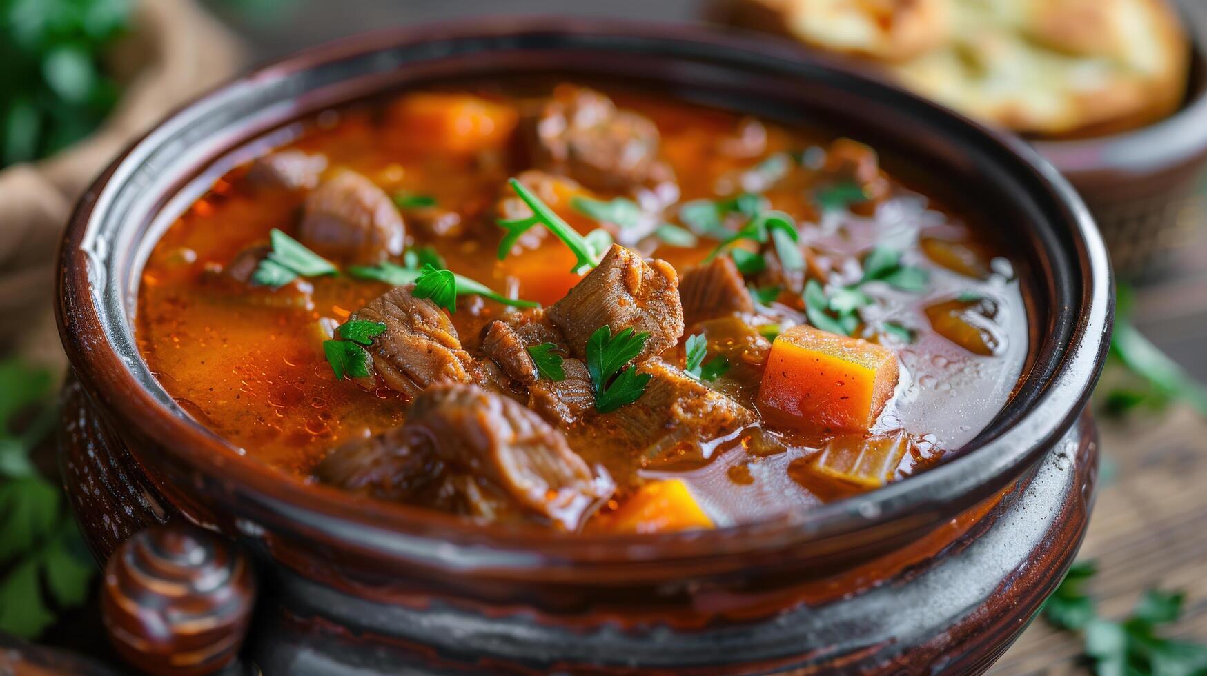 Goulash Soup Bograch Close-Up on Table, Horizontal View photo