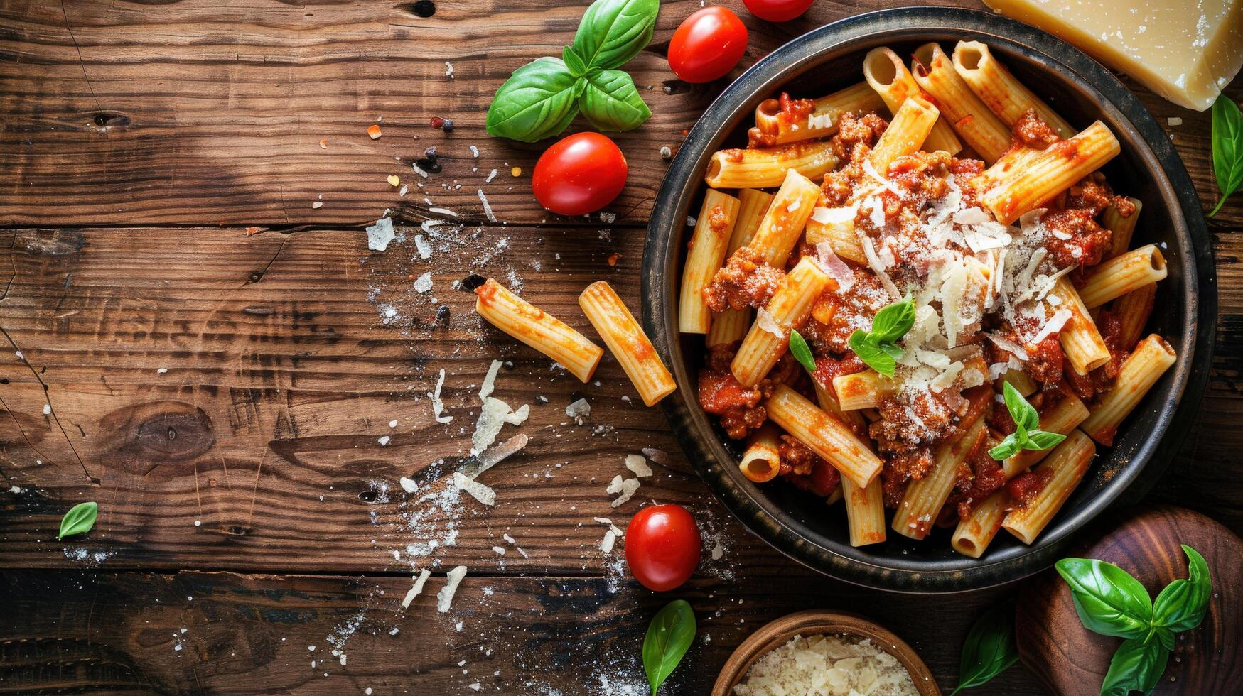 Pasta Ziti with Bolognese Sauce and Cheese Close-Up photo