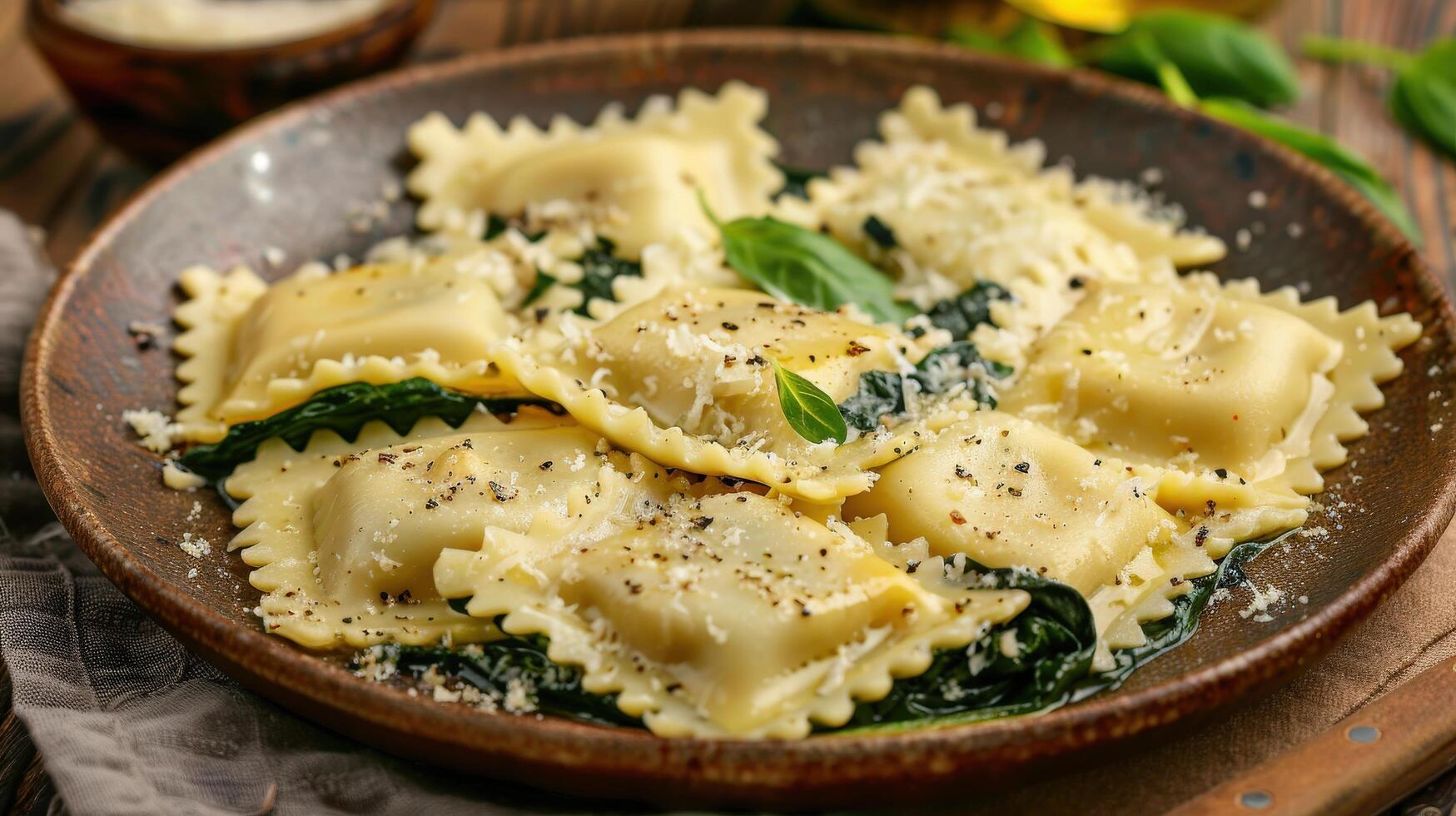 Spinach and Cheese Ravioli on Brown Plate 47197034 Stock Photo at Vecteezy