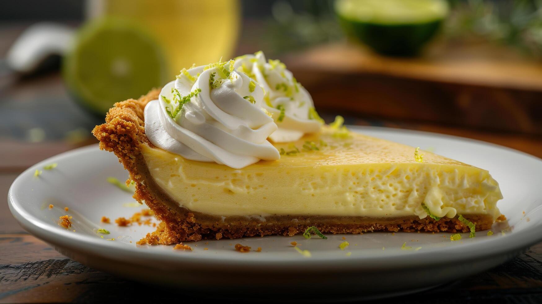 Delicious Key Lime Pie with Whipped Cream and Zesty Peel Close-Up, Horizontal Shot for Food Lovers photo