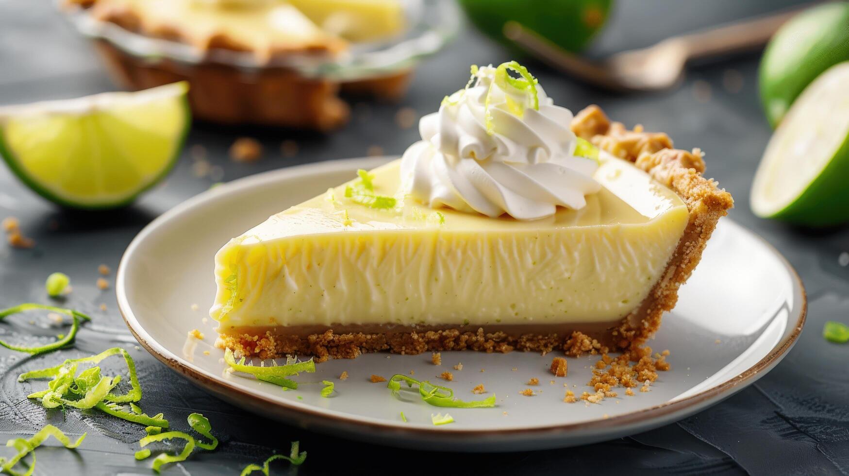 Delicious Key Lime Pie with Whipped Cream and Zesty Peel Close-Up, Horizontal Shot for Food Lovers photo