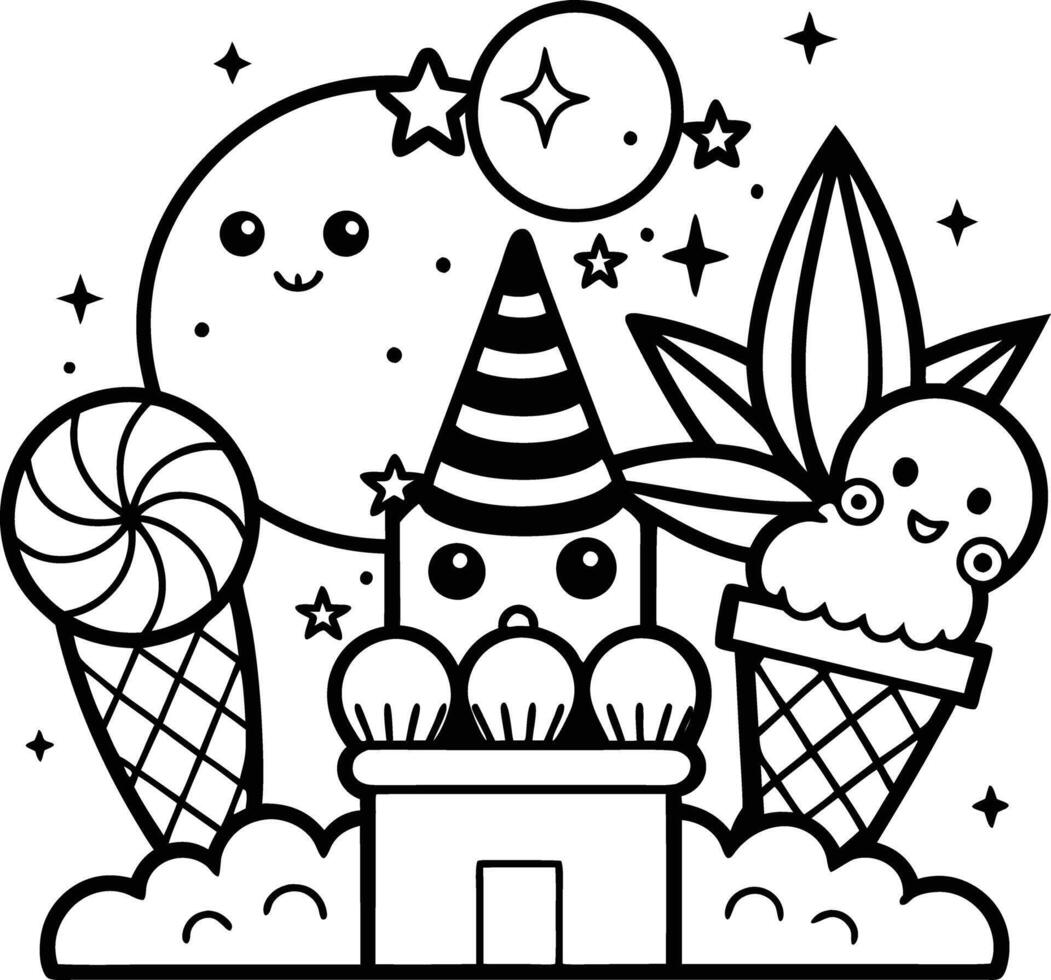 kid coloring page line art illustration black and white vector