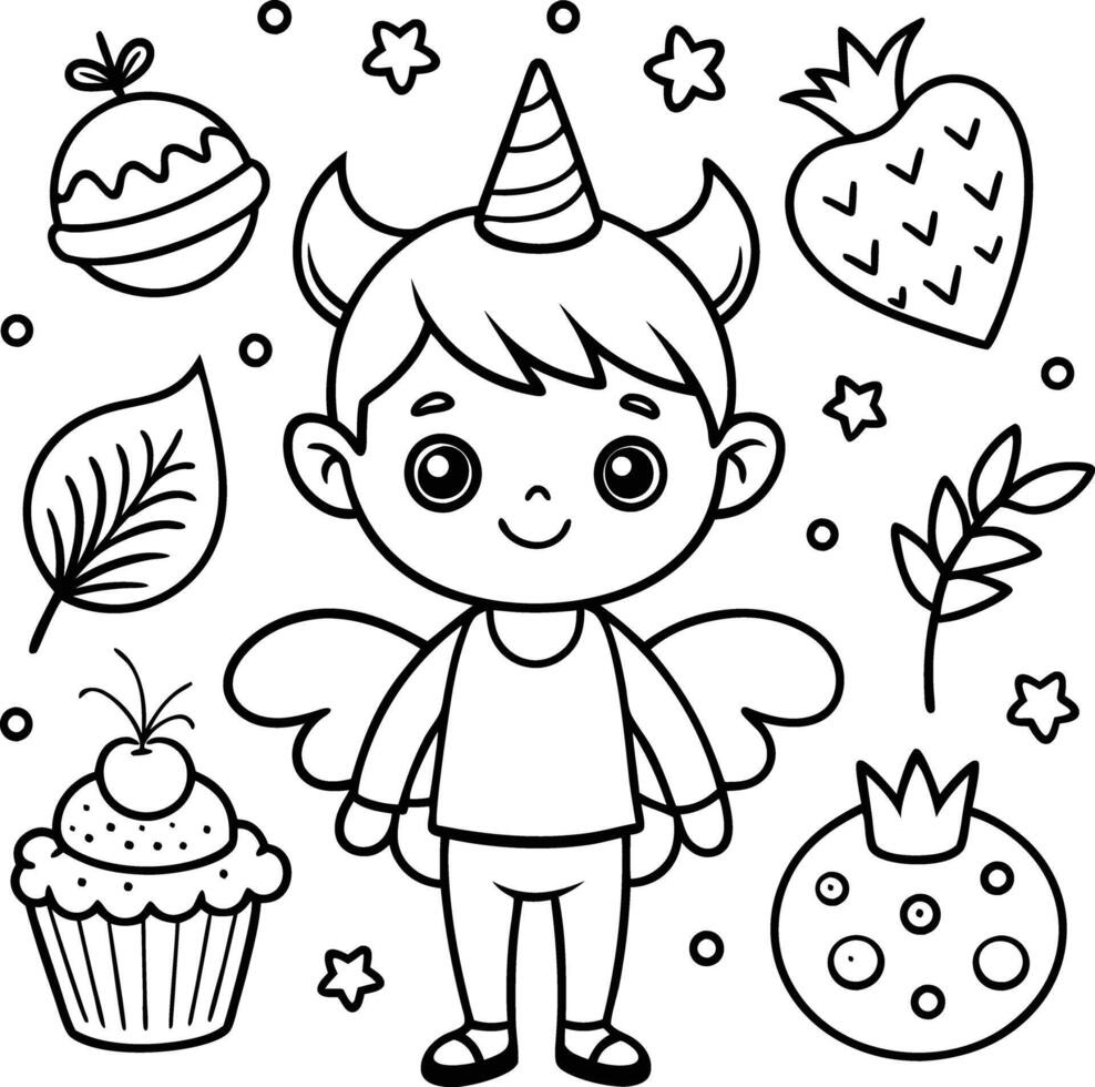 kid coloring page line art illustration black and white vector