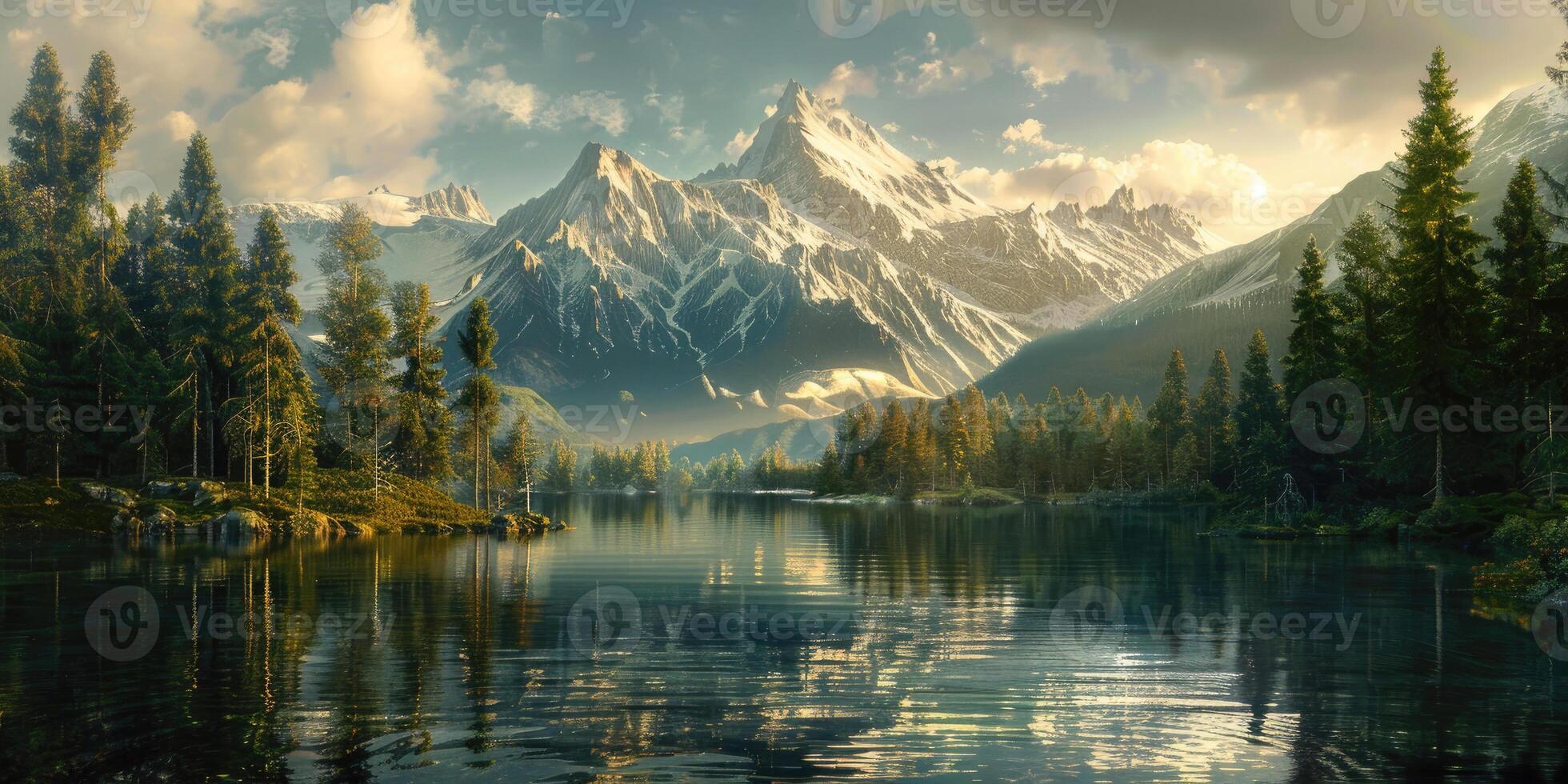 Scenery of Lake, Forest and Mountains photo